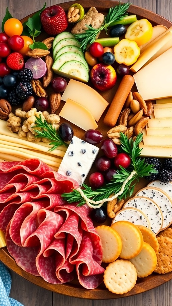 A festive Christmas charcuterie board with meats, cheeses, fruits, nuts, and herbs.